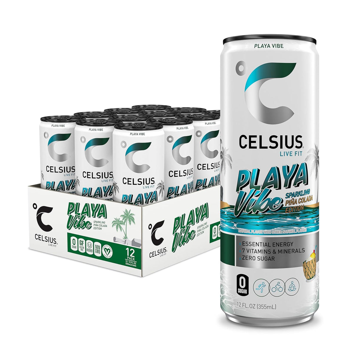 CELSIUS PLAYA VIBE Sparkling Pina Colada, Sugar Free Energy Drink, 12 Fl Oz (Pack of 12)