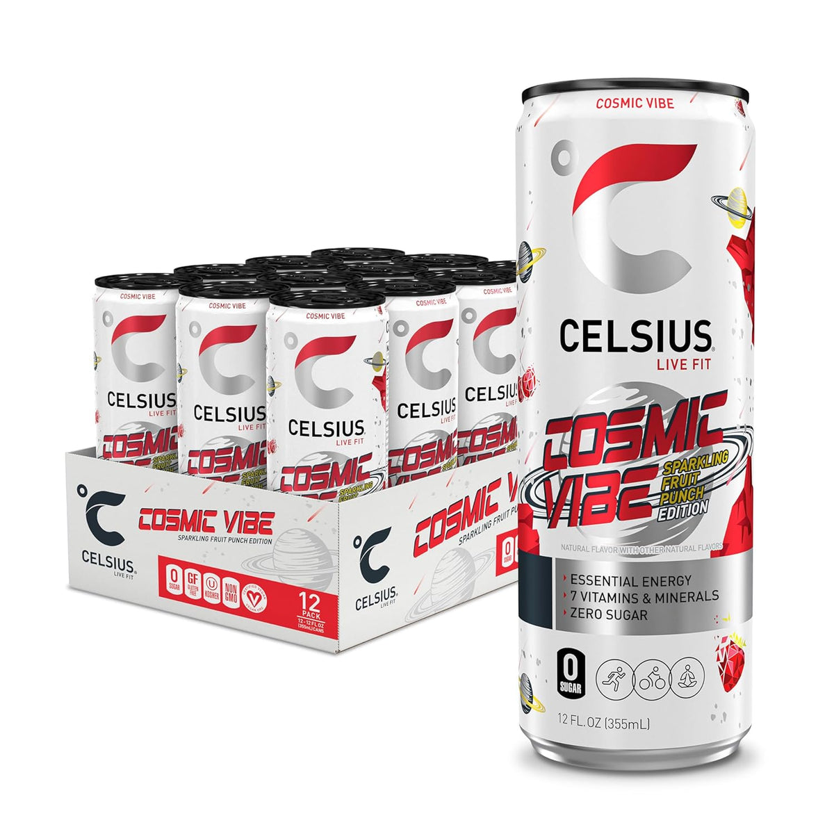 CELSIUS COSMIC VIBE Sparkling Fruit Punch, Sugar Free Energy Drink, 12 Fl Oz (Pack of 12)